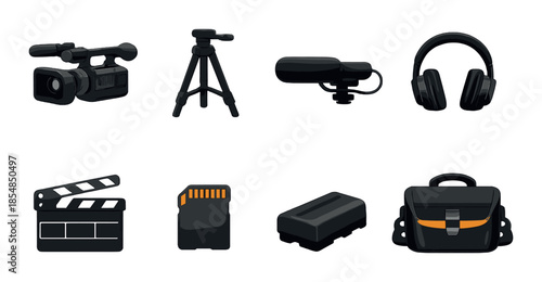 Professional video equipment icons set: camera, tripod, microphone, headphones, clapperboard