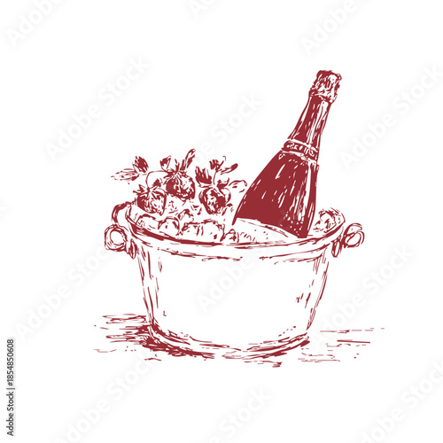A hand-drawn red illustration of a champagne bottle in an ice bucket, surrounded by ice cubes and greenery. Concept of luxury celebration and elegance