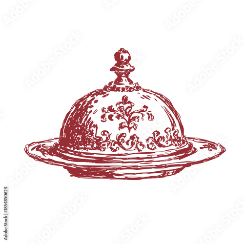 A hand-drawn red illustration of an ornate cloche, a food cover with intricate detailing, placed over a plate. Concept of fine dining and luxury service