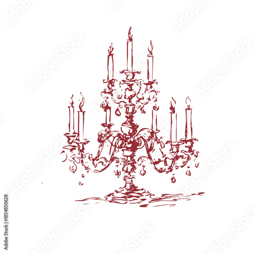A hand-drawn red illustration of an elegant chandelier with multiple candles, showcasing vintage opulence and sophistication. Concept of luxury and grand celebration