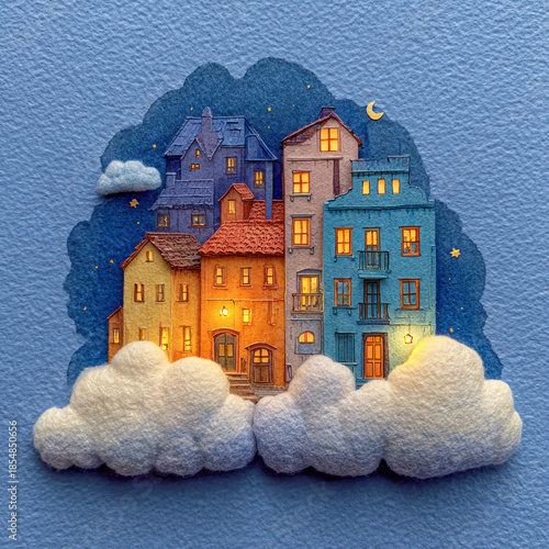 A fairytale illustration of a cozy night city with colorful houses, illuminated by the warm light of windows, floating among soft clouds. 
