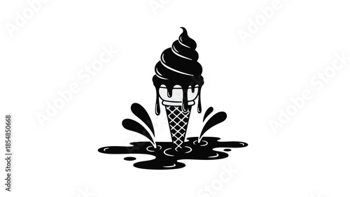 Melting chocolate ice cream cone with dripping sauce on white background