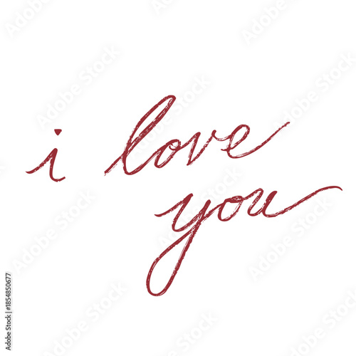 A hand-lettered red "I love you" in cursive script, with elegant, flowing lines on a plain white background. Concept of romantic expression and love