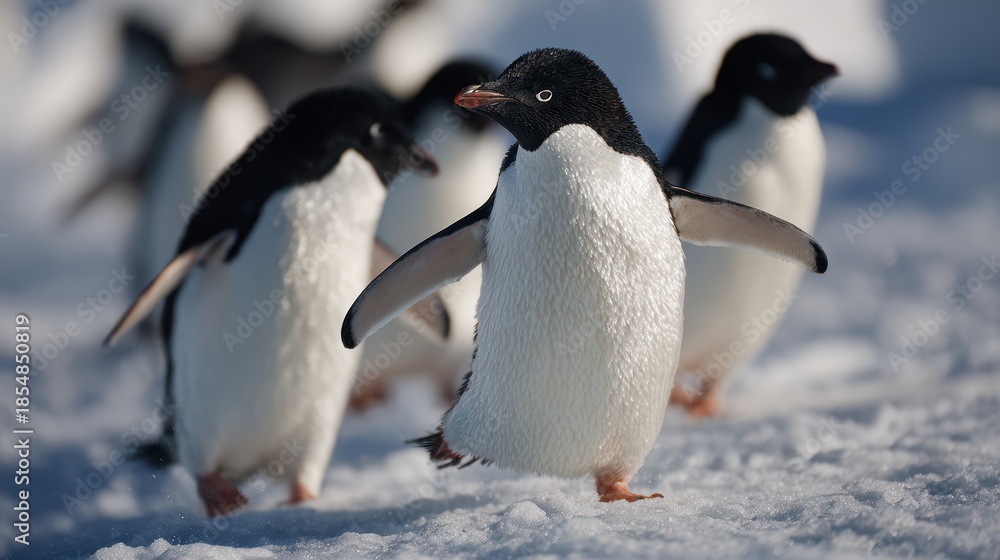 Obraz premium Penguin Parade: Playful penguins waddle across the frozen expanse of the polar region, their distinctive black and white plumage contrasting against the ice.