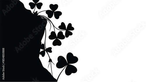 Delicate clover growing from a dark, abstract shape against a clean white background