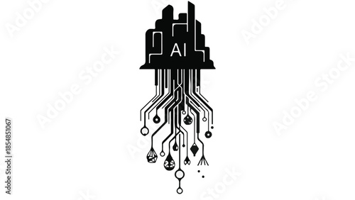 Abstract AI cityscape with integrated circuit pathways symbolizes futuristic technology and urban development.