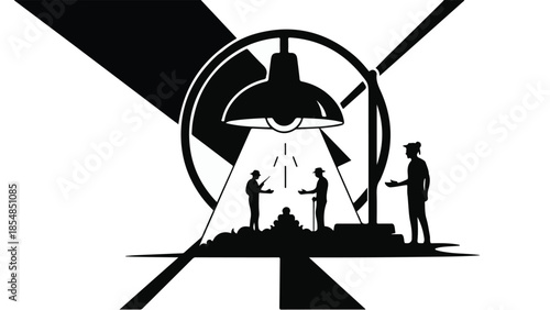 Mysterious spotlight illuminates three figures in a surreal, symbolic scene