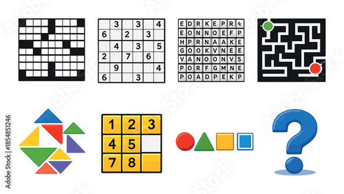 Collection of brain-teasers: sudoku, crossword, maze, tangram, number puzzle, shapes