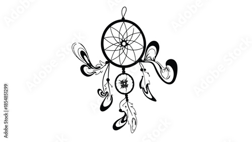 Intricate dreamcatcher with flowing decorative elements on white background