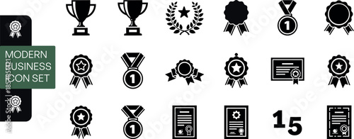 Collection of black and white achievement icons and badges
