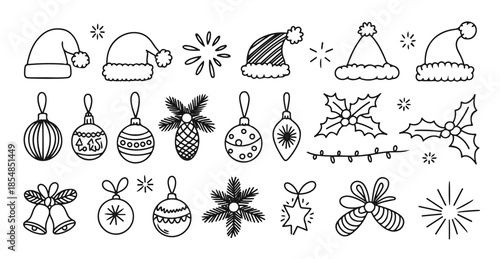 Christmas doodle icons including Santa hats, ornaments, holly and mistletoe