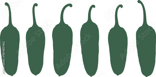 A row of six green chili peppers on a white background