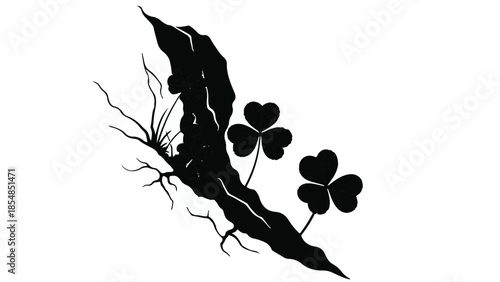 Delicate shamrocks emerge from a dark, textured surface, symbolizing new beginnings and resilience.