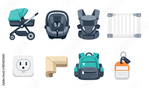 Baby essentials: stroller, car seat, carrier, playpen, power outlet, backpack, keychain