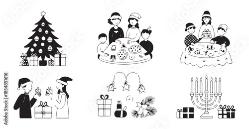 Holiday celebration sketches including families around table gifts and symbolic menorah art