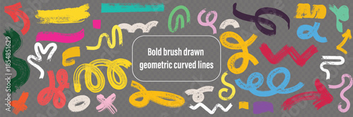 Collection of colorful bold curved lines with loops, hand-drawn grunge wavy and swirled brush strokes. Simple childish vector scribbles, squiggles, and playful abstract shapes in creative trendy style