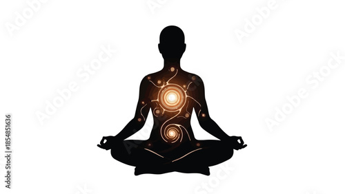 Silhouette of person meditating with glowing energy center and swirling light patterns symbolizing inner peace and spiritual awakening.