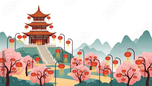 Serene Asian temple landscape with blooming cherry blossoms and lanterns in a peaceful mountain environment viewed from a distance