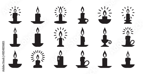 Set of various burning candles black silhouette icon collection isolated on white background