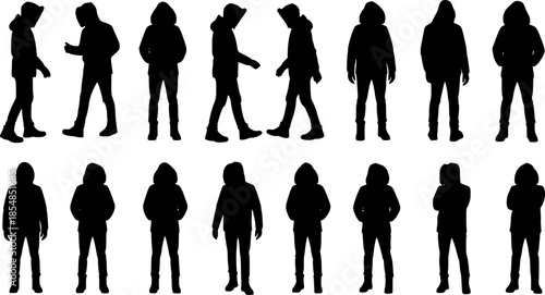 A comprehensive collection of black silhouettes featuring a young man in casual winter attire, captured in various walking and standing poses.
