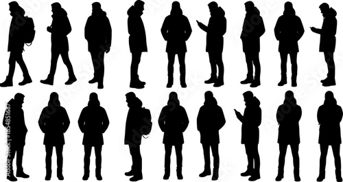 A comprehensive collection of black silhouettes featuring a young man in casual winter attire, captured in various walking and standing poses.