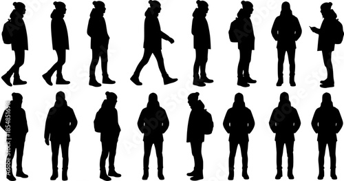 A comprehensive collection of black silhouettes featuring a young man in casual winter attire, captured in various walking and standing poses.