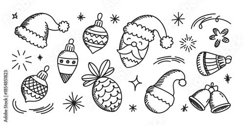 Christmas doodle elements collection Santa hats ornaments bells and pineapples