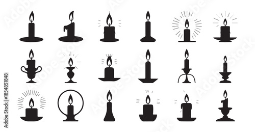 Collection of various candle silhouettes with flames and holders