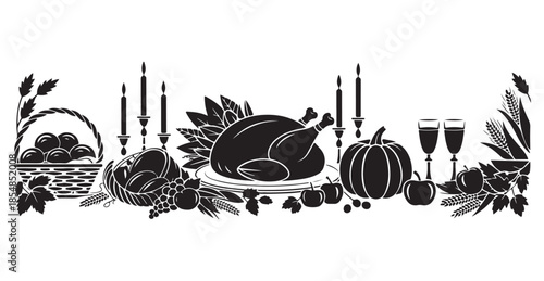 Thanksgiving harvest feast border with roasted turkey pumpkin apple basket and wheat stalks