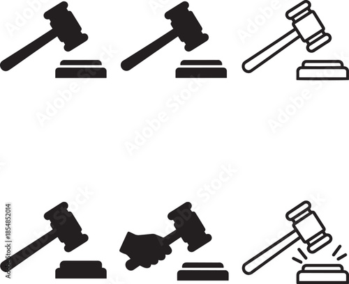 Judge gavel set with law auction hammer icons and court symbols