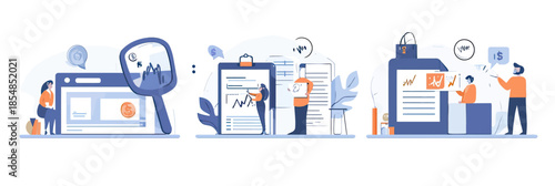 Online tax declaration process with magnifying glass audit, financial document review, and electronic tax submission for refund concept vector illustration flat style