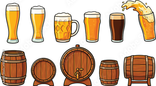 Beer glasses and wooden barrels illustration set featuring different pint styles, splashing beer and brewery storage elements isolated on white background