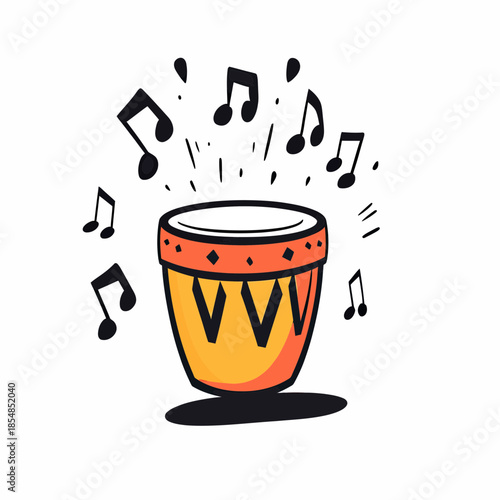 Colorful hand drum with sound waves and musical notes in flat minimalist vector style African percussion instrument illustration for music concept design