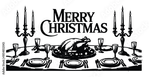 Christmas dinner table with roasted turkey candelabras and merry christmas text above festive meal