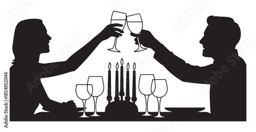 Couple silhouette toasting with wine glasses at romantic candlelit dinner table background