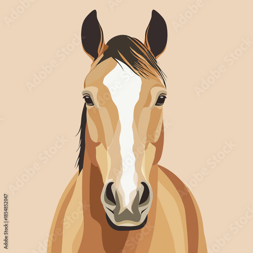 Minimalist flat vector portrait of horse with white blaze on face looking forward isolated on beige background with natural brown and tan colors