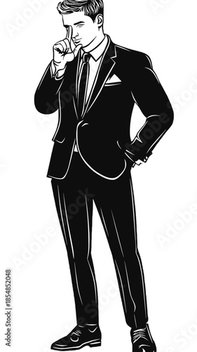 Elegant man in suit making silence gesture with finger on lips black and white flat minimalist engraving vector illustration