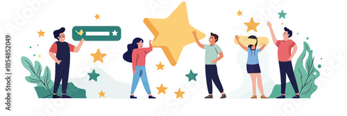 People giving positive feedback with star ratings and satisfaction concepts, customer review celebration flat vector illustration