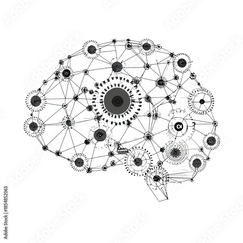 Abstract technological brain network illustration with connected gears and nodes representing artificial intelligence and cognitive processes in black and white vector style