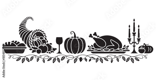 Thanksgiving feast elements cornucopia pumpkin roasted turkey and candelabra with leaf border design