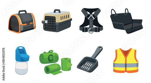 Pet travel and safety accessories: carriers, leash, seat cover, waste bags, litter scoop, safety vest