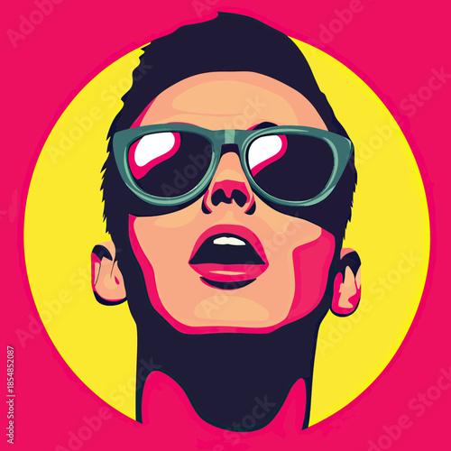 Vector portrait of young confident woman wearing sunglasses looking upwards with yellow circle and pink background pop art design
