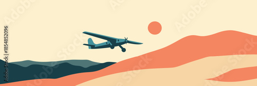 Minimalist vector illustration of single propeller airplane flying over orange hills and dark mountains with sun in clear beige sky design