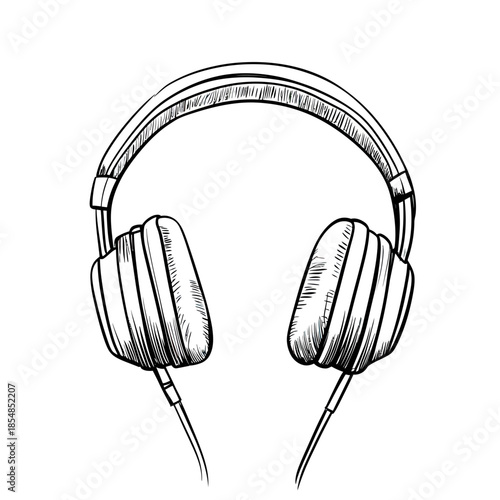 Hand drawn sketch of wired over ear headphones with cushioned ear pads and adjustable headband isolated on white background detailed line art illustration for music and audio concept