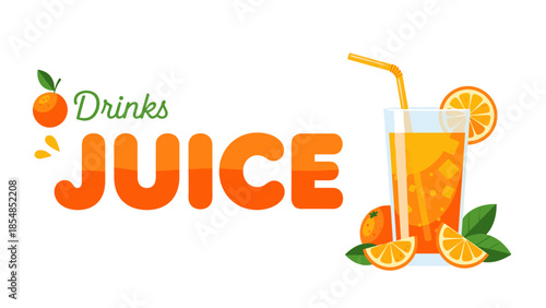 Fresh Orange Juice Banner with Glass, Straw, and Citrus Fruit Illustration