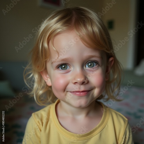 AI generated Joyful child picture, Adorable baby with blue eyes in cozy home environment