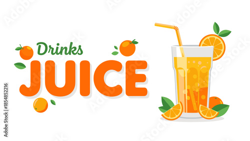 Fresh Orange Juice Banner with Glass, Straw, and Citrus Fruit Illustration