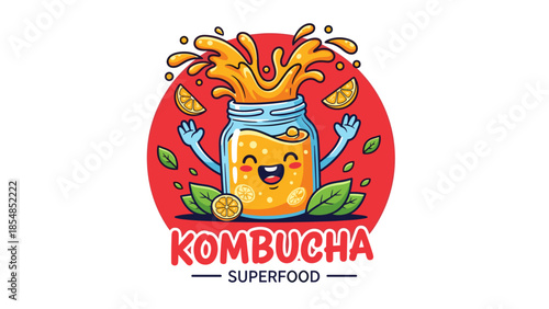 Happy Cartoon Kombucha Jar Character with Citrus Splash and Green Leaves Illustration