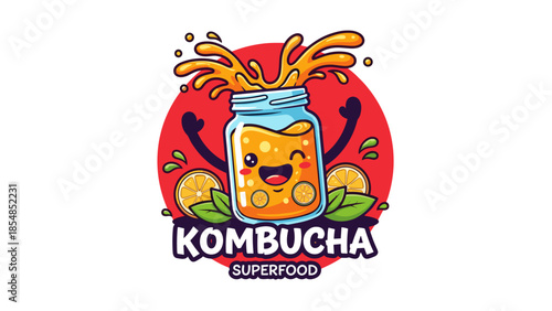 Happy Cartoon Kombucha Jar Character with Citrus Splash and Green Leaves Illustration