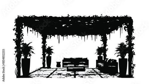 Silhouette of a serene outdoor seating area under a lush, vine-covered pergola.